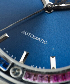 Đồng hồ Hublot Classic Fusion Rep 11 đính đá ruby 7 màu mặt xanh blue xưởng JJF 42mm (2)