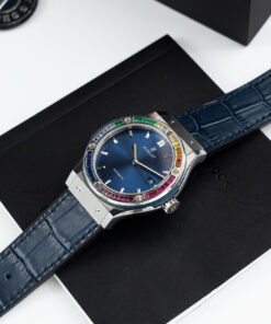 Đồng hồ Hublot Classic Fusion Rep 11 đính đá ruby 7 màu mặt xanh blue xưởng JJF 42mm (2)