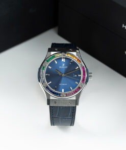 Đồng hồ Hublot Classic Fusion Rep 11 đính đá ruby 7 màu mặt xanh blue xưởng JJF 42mm (2)