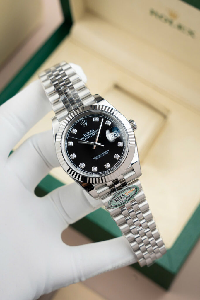 Đồng hồ nam Rolex DateJust Replica 11 mặt đen cọc số đá xưởng Clean 41mm (2)