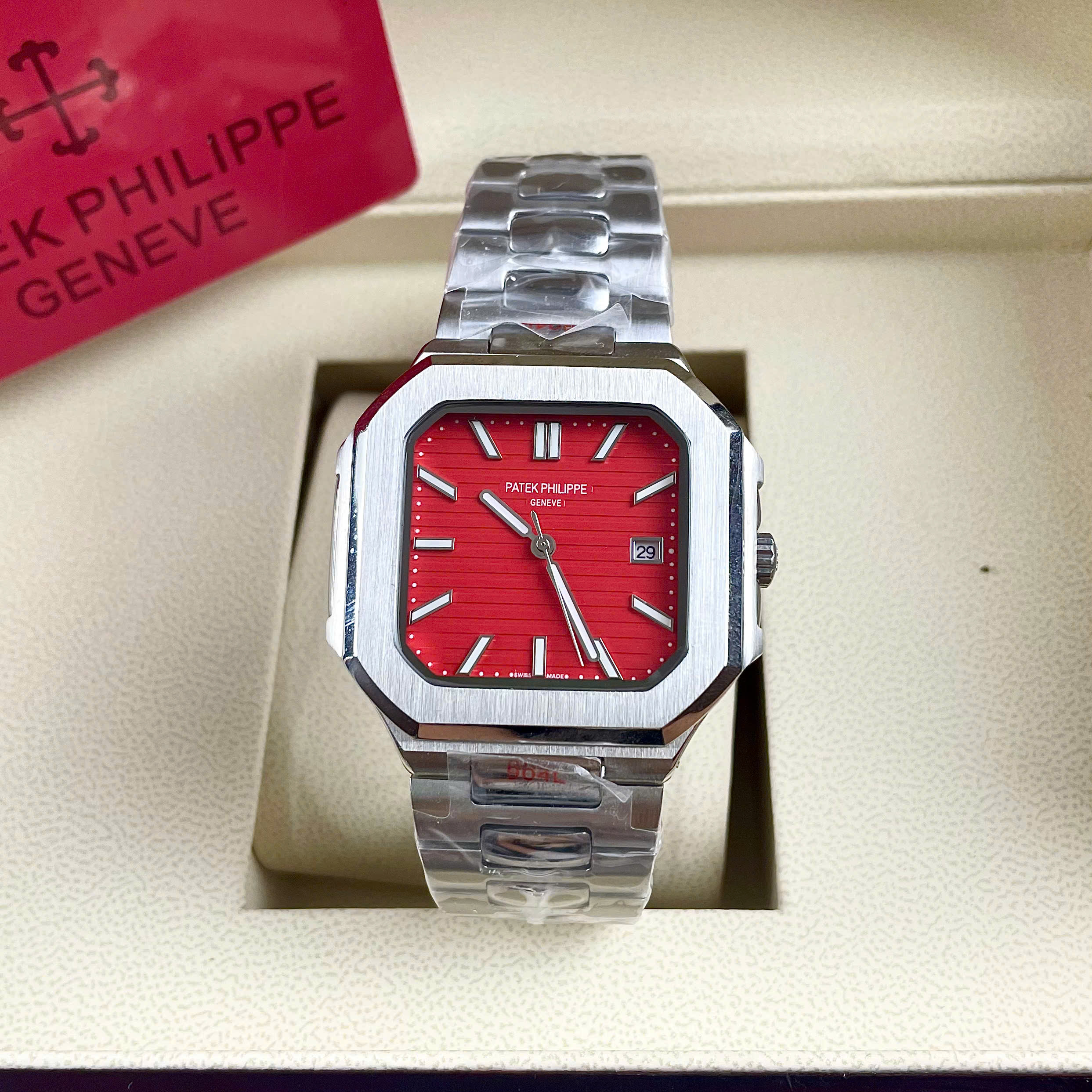 Đồng hồ Patek Philippe 58211A Cubitus mặt đỏ máy cơ nhật giá rẻ fake cao cấp 43mm (1) Đồng hồ Patek Philippe 5821/1A Cubitus mặt đỏ máy cơ nhật giá rẻ fake cao cấp 43mm