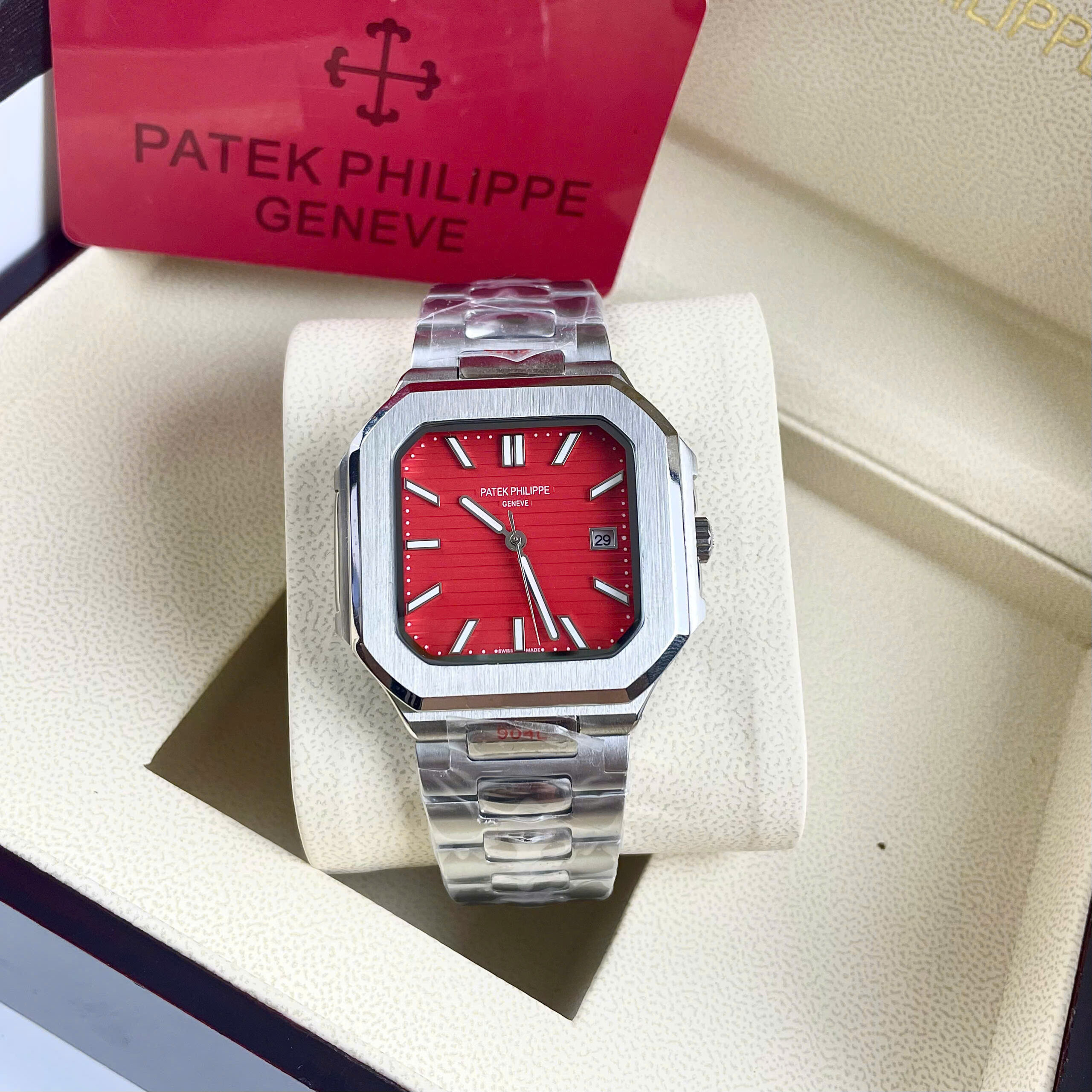 Đồng hồ Patek Philippe 58211A Cubitus mặt đỏ máy cơ nhật giá rẻ fake cao cấp 43mm (4) Đồng hồ Patek Philippe 5821/1A Cubitus mặt đỏ máy cơ nhật giá rẻ fake cao cấp 43mm