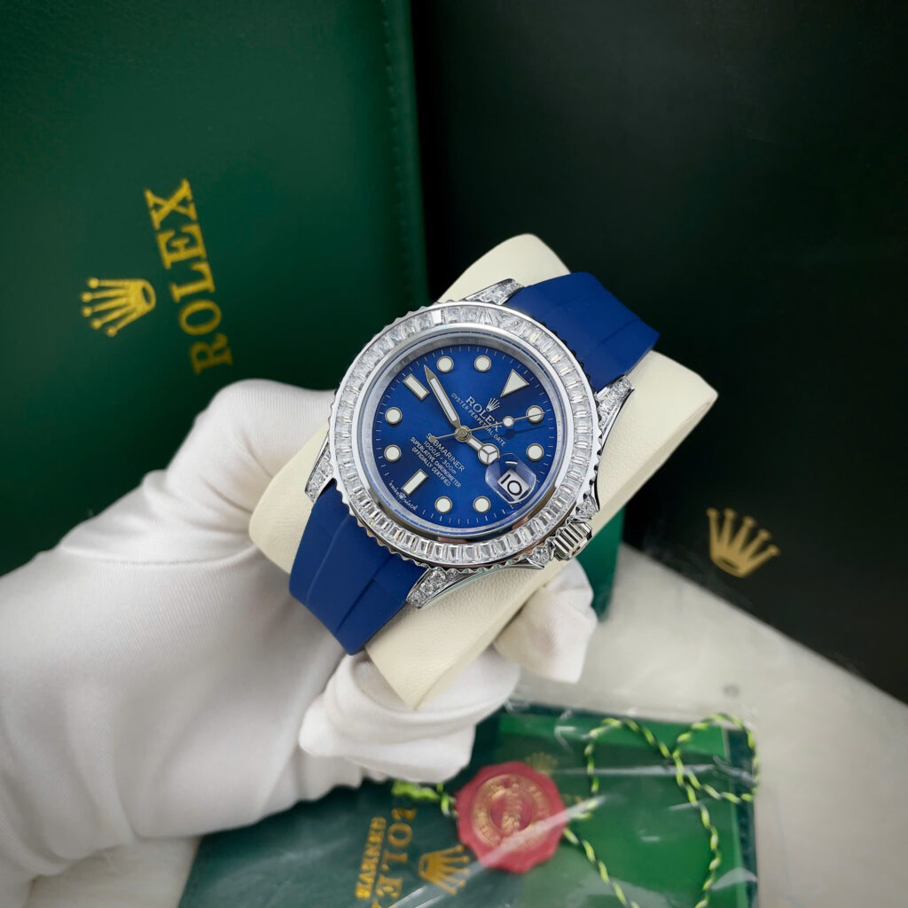Đồng hồ Rolex Submariner nam niềng đá dây cao su xanh blue Fake cao cấp 40mm