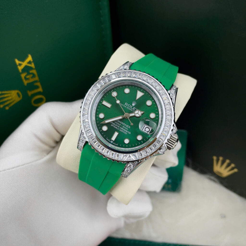 Đồng hồ Rolex Submariner nam niềng đá dây cao su xanh lá Fake cao cấp 40mm