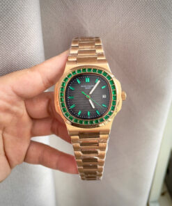 Đồng hồ Patek Philippe nam king gold viền đá xanh fake cao cấp 40mm