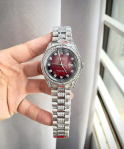 Đồng hồ Rolex Datejust đính full đá mặt đỏ mận máy cơ nhật giá rẻ fake 11 38-41mm
