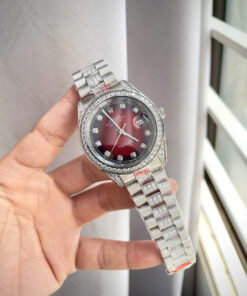 Đồng hồ Rolex Datejust đính full đá mặt đỏ mận máy cơ nhật giá rẻ fake 11 38-41mm