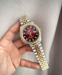 Đồng hồ Rolex Datejust nam demi mặt đỏ đính đá máy cơ nhật rẻ fake 11 38-41mm