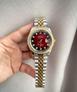 Đồng hồ Rolex Datejust nam demi mặt đỏ đính đá máy cơ nhật rẻ fake 11 38-41mm