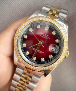 Đồng hồ Rolex Datejust nam demi mặt đỏ đính đá máy cơ nhật rẻ fake 11 38-41mm