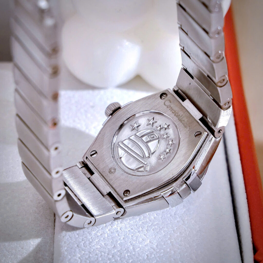 Đồng hồ Omega Constellation nữ mặt xanh blue đính đá fake cao cấp 28mm