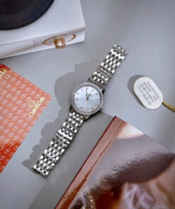Đồng hồ Omega De Ville Prestige nữ dây kim loại đính đá fake cao cấp 28mm