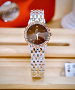 Đồng hồ Omega De Ville Prestige nữ mặt nâu chocolate đính đá fake cao cấp 28mm