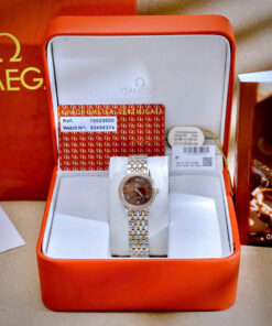 Đồng hồ Omega De Ville Prestige nữ mặt nâu chocolate đính đá fake cao cấp 28mm