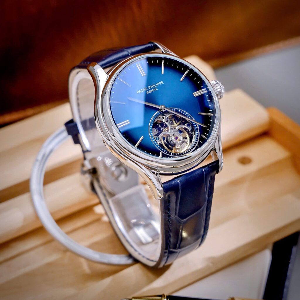 Đồng hồ Patek Philippe Genève nam xanh blue lộ cơ Tourbillon fake cao cấp 42mm