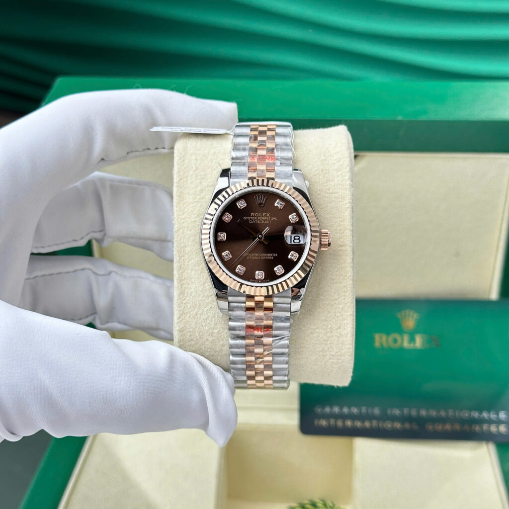 Đồng hồ Rolex DateJust mặt nâu Rep 11 bọc vàng thật nhà máy GM 31mm (1)