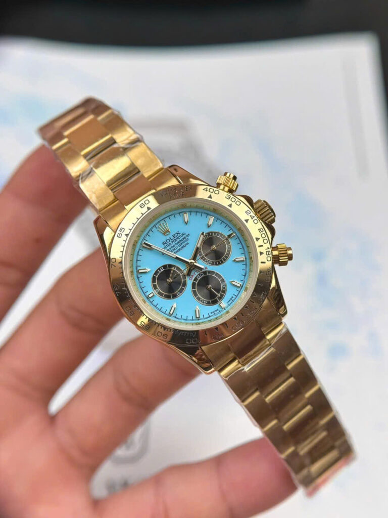 Đồng hồ Rolex Daytona Cosmograph nam vàng gold mặt xanh băng fake cao cấp 40mm