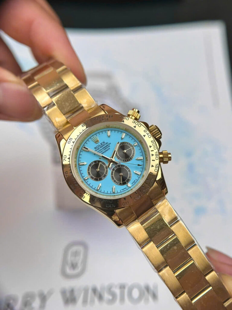 Đồng hồ Rolex Daytona Cosmograph nam vàng gold mặt xanh băng fake cao cấp 40mm