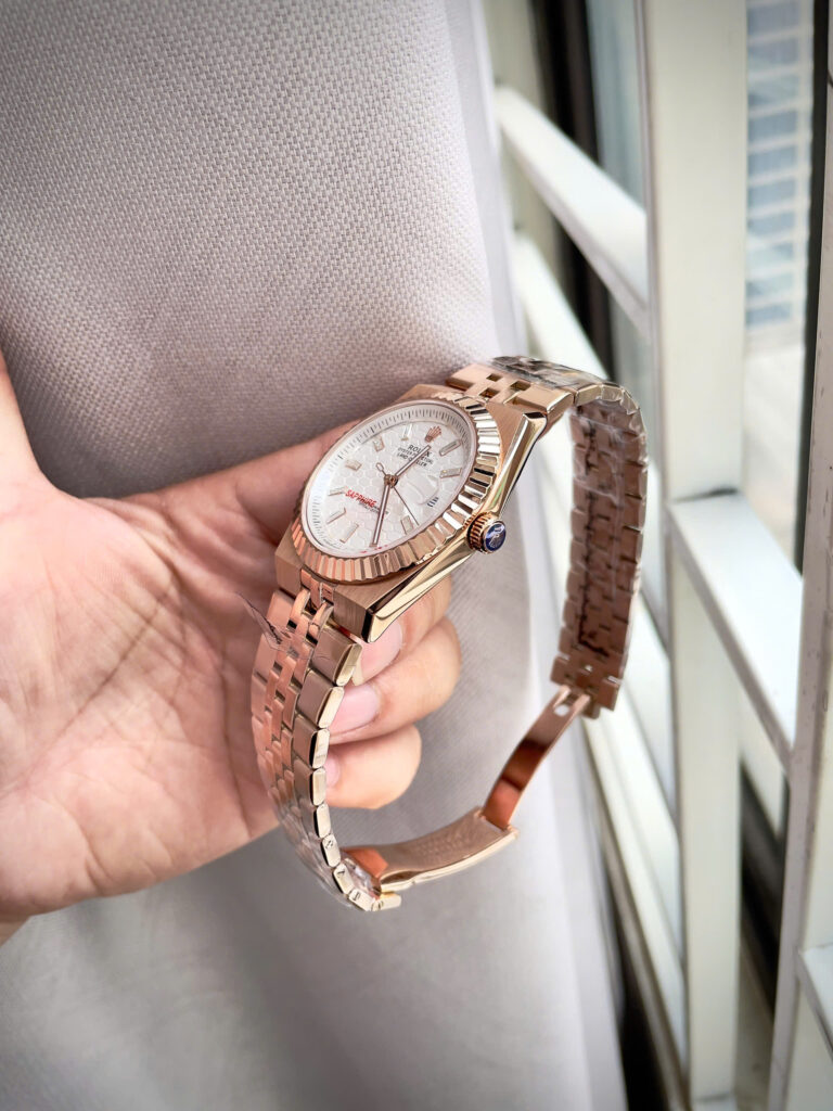  Đồng hồ Rolex Land – Dweller nam rose gold mặt tổ ong cọc số đính đá fake 11 41mm