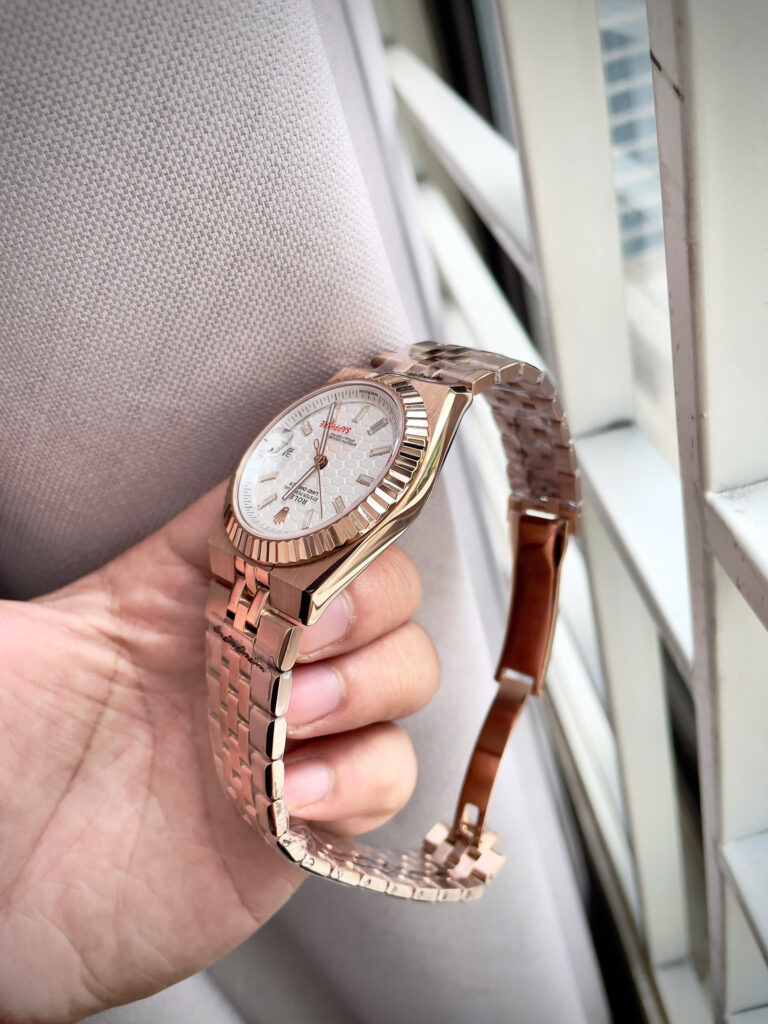  Đồng hồ Rolex Land – Dweller nam rose gold mặt tổ ong cọc số đính đá fake 11 41mm