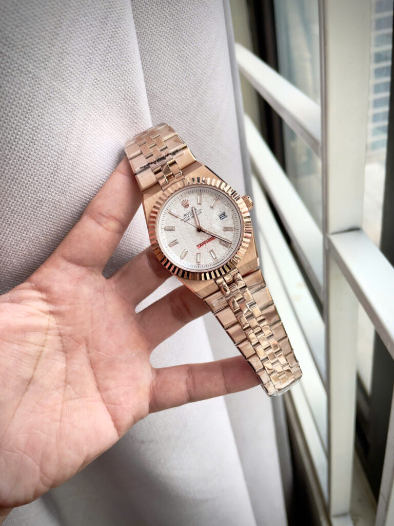  Đồng hồ Rolex Land – Dweller nam rose gold mặt tổ ong cọc số đính đá fake 11 41mm