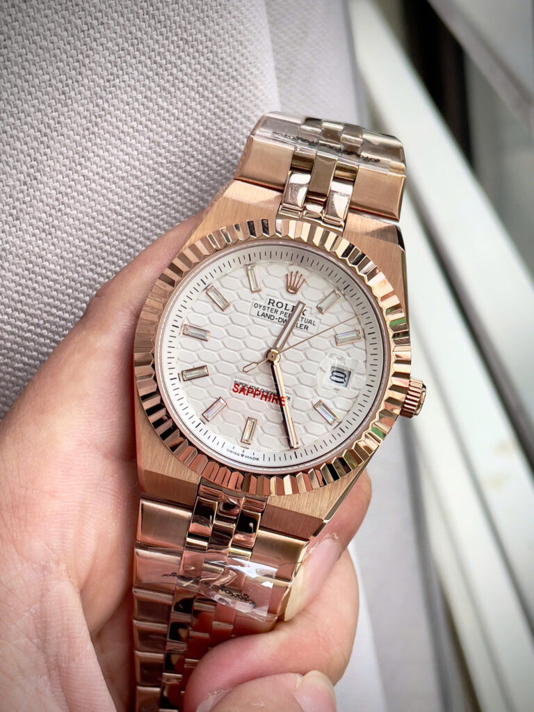  Đồng hồ Rolex Land – Dweller nam rose gold mặt tổ ong cọc số đính đá fake 11 41mm