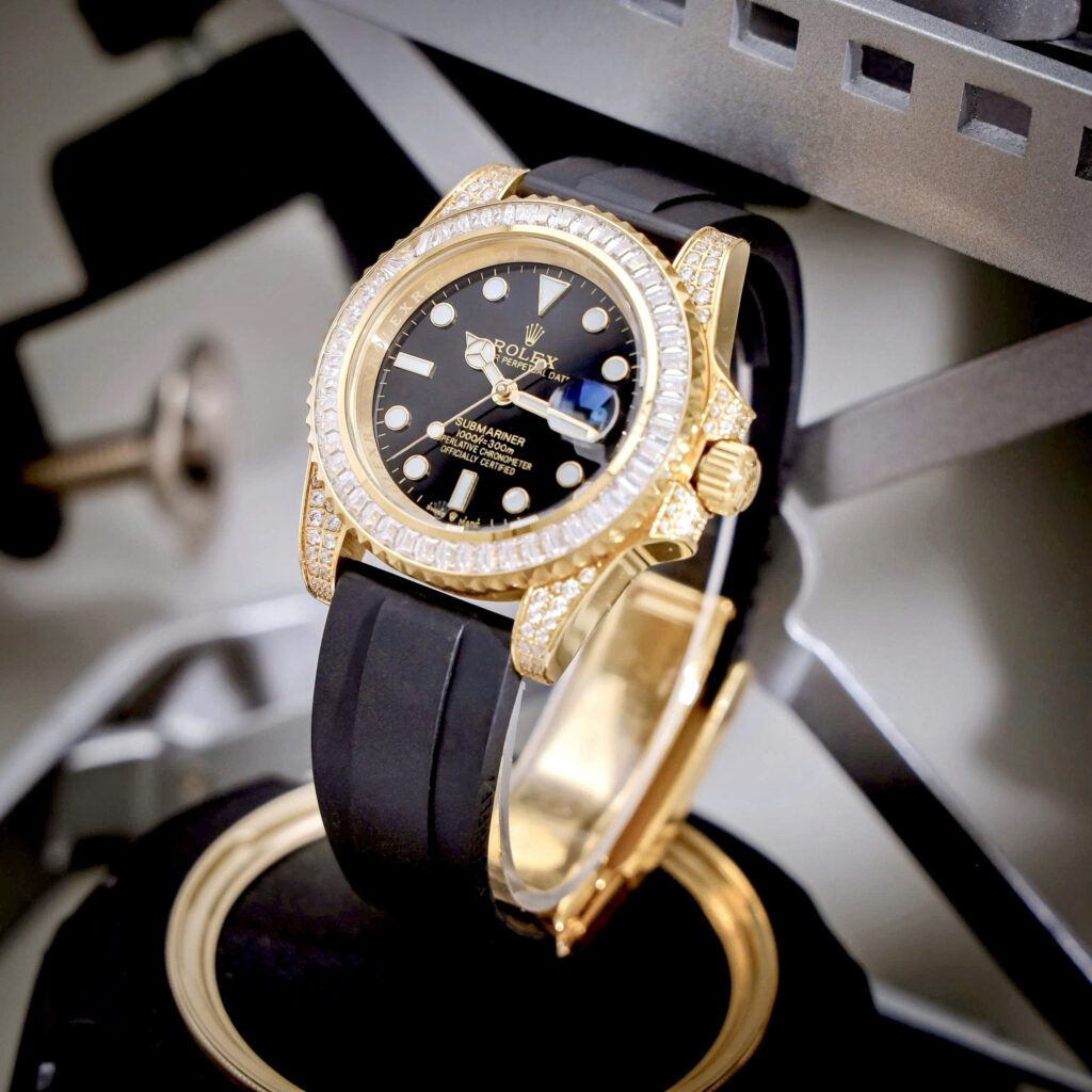 Đồng hồ Rolex nam Submariner đính đá vàng gold dây cao su fake cao cấp 40mm
