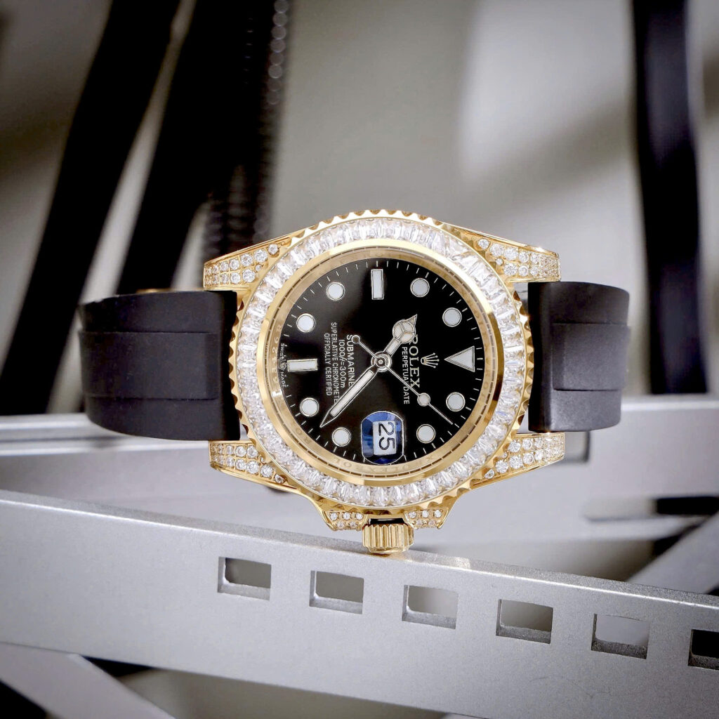 Đồng hồ Rolex nam Submariner đính đá vàng gold dây cao su fake cao cấp 40mm