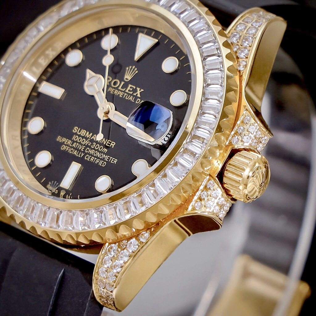 Đồng hồ Rolex nam Submariner đính đá vàng gold dây cao su fake cao cấp 40mm