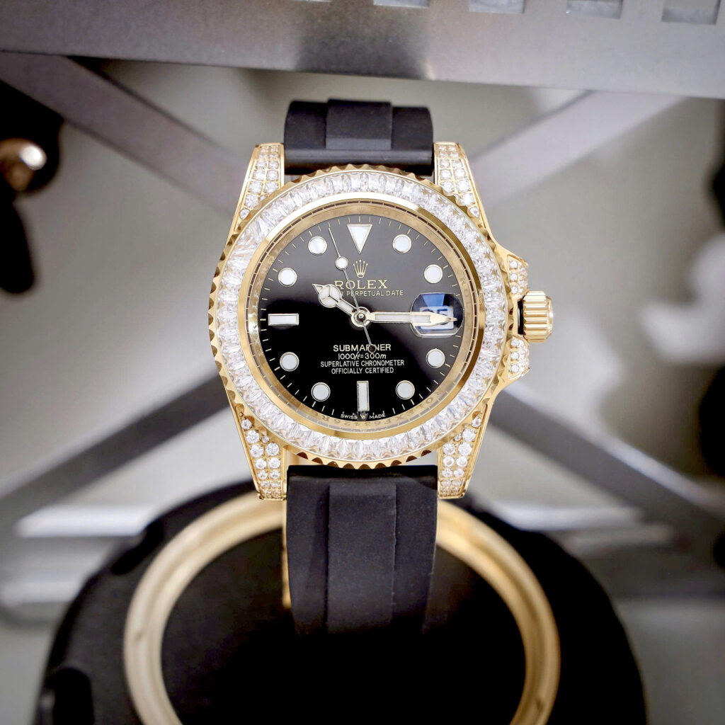 Đồng hồ Rolex nam Submariner đính đá vàng gold dây cao su fake cao cấp 40mm