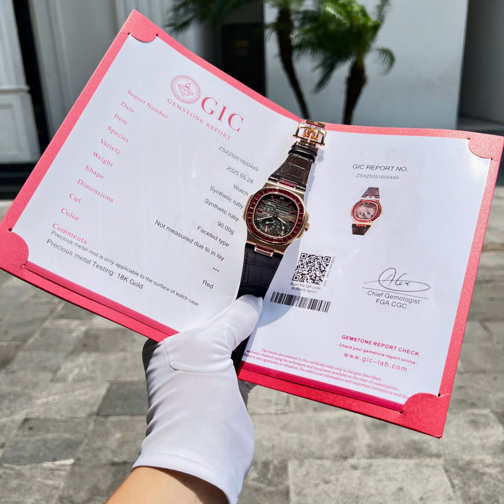 Đồng hồ Patek Philippe Nautilus 5724 Replica 11 bọc vàng thật 18K + đính ruby baguette đỏ 40mm (2)