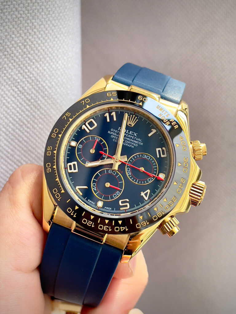 Đồng hồ Rolex Daytona Cosmograph vàng gold dây cao su xanh fake 11 40mm