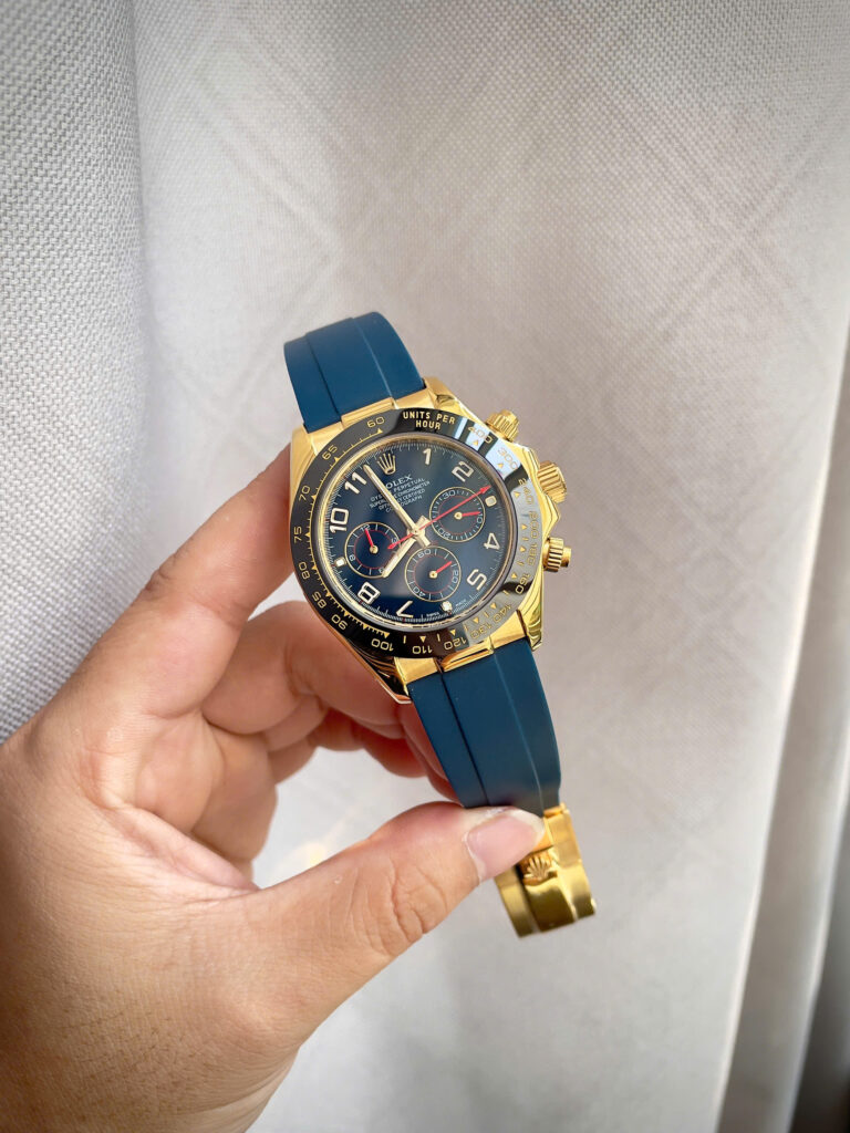 Đồng hồ Rolex Daytona Cosmograph vàng gold dây cao su xanh fake 11 40mm