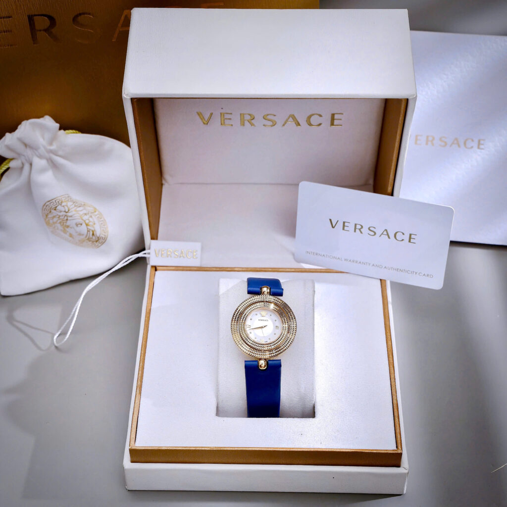 Đồng hồ Versace Eon nữ vàng gold dây da xanh blue like auth 33mm