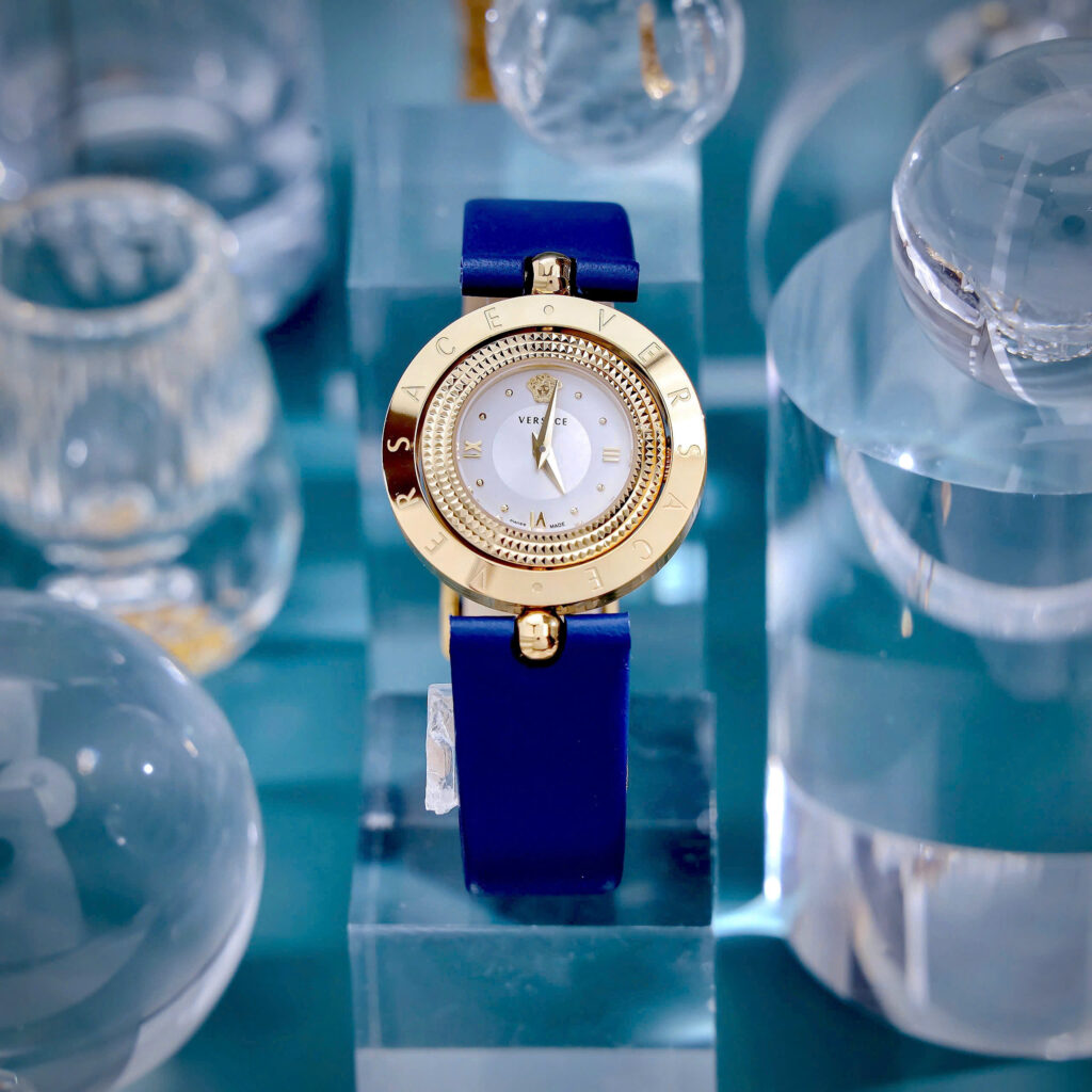Đồng hồ Versace Eon nữ vàng gold dây da xanh blue like auth 33mm