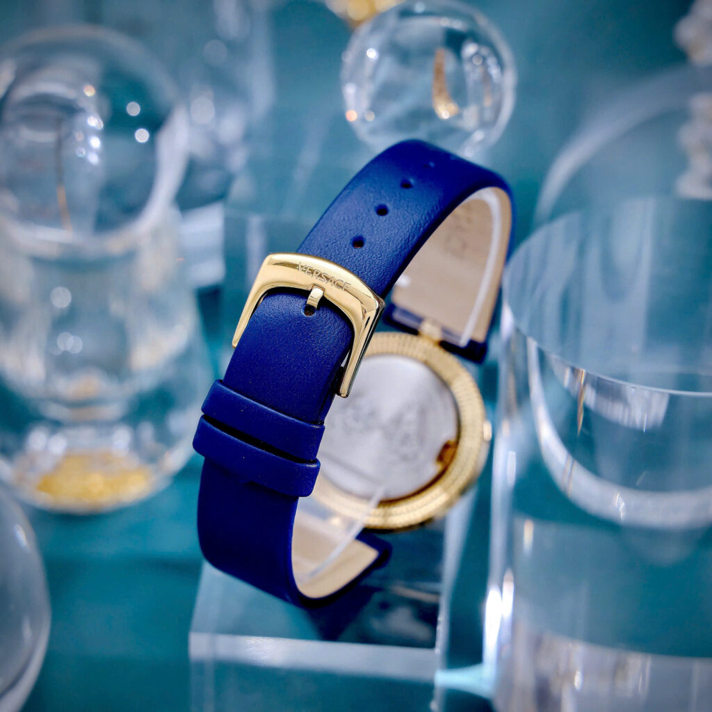 Đồng hồ Versace Eon nữ vàng gold dây da xanh blue like auth 33mm