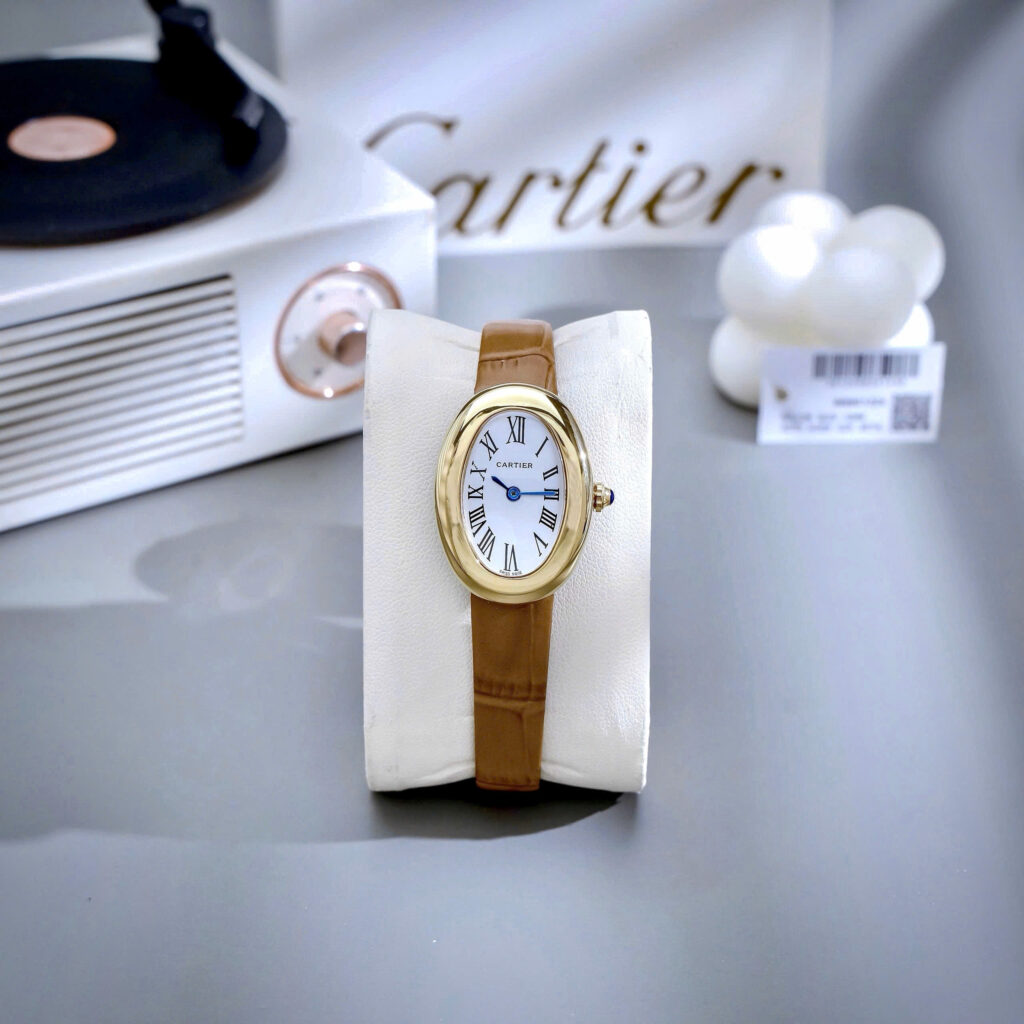 Đồng hồ Cartier Baignoire nữ WGBA0022 vàng gold dây da nâu fake cao cấp 23x31mm
