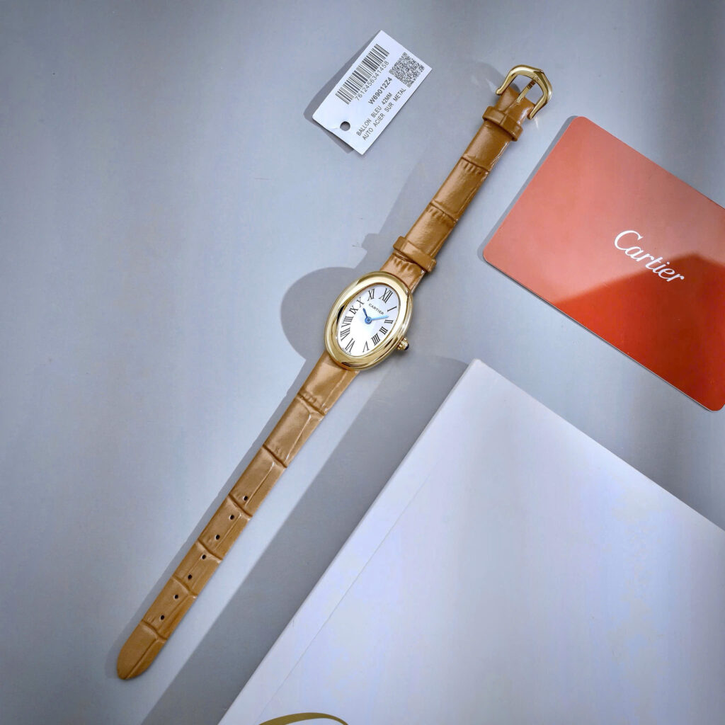 Đồng hồ Cartier Baignoire nữ WGBA0022 vàng gold dây da nâu fake cao cấp 23x31mm