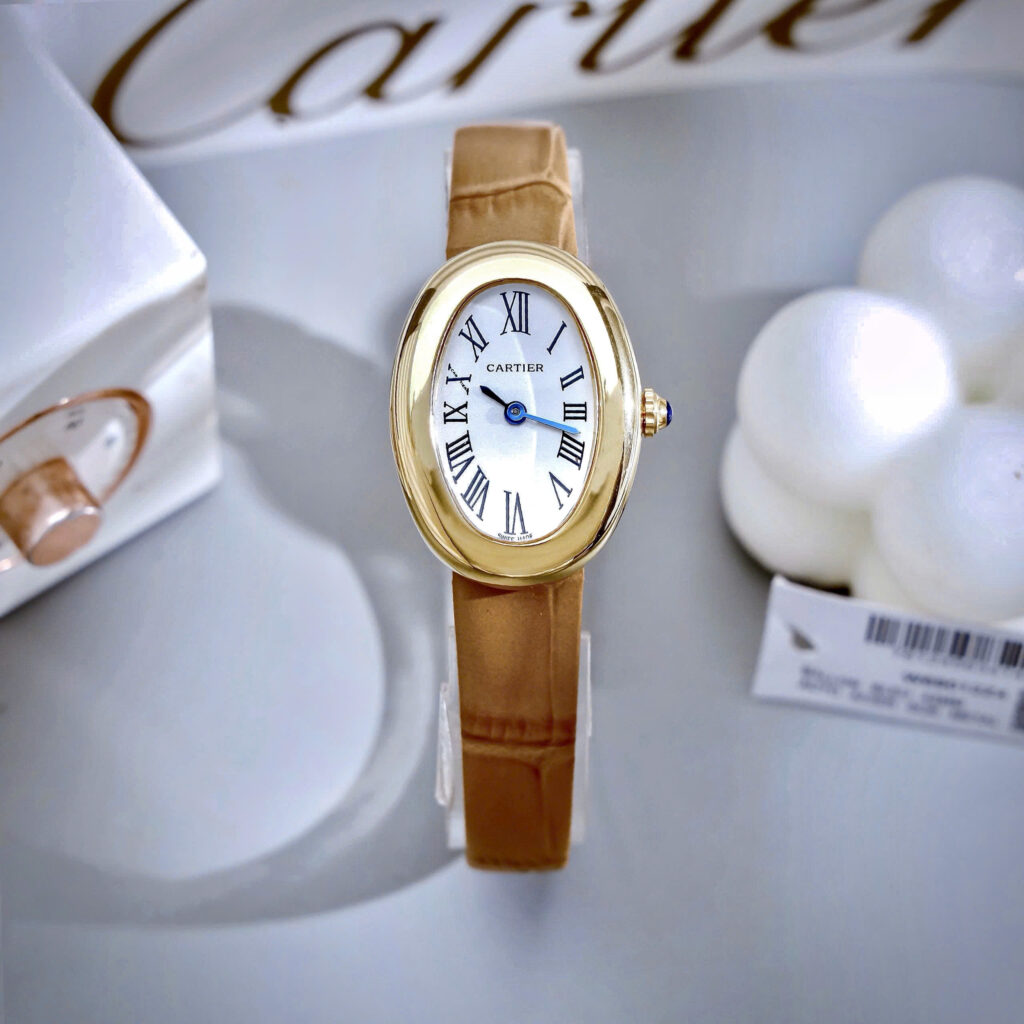Đồng hồ Cartier Baignoire nữ WGBA0022 vàng gold dây da nâu fake cao cấp 23x31mm