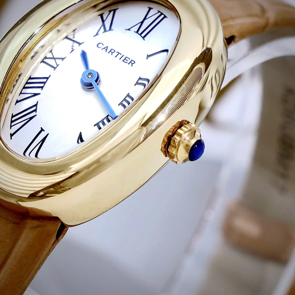 Đồng hồ Cartier Baignoire nữ WGBA0022 vàng gold dây da nâu fake cao cấp 23x31mm