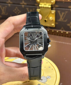 Đồng hồ Cartier Santos Replica 11 màu đen mặt lộ cơ dây da nhà máy MLF 39 (7)