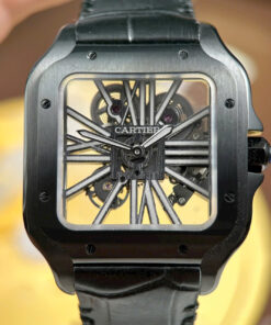 Đồng hồ Cartier Santos Replica 11 màu đen mặt lộ cơ dây da nhà máy MLF 39 (7)
