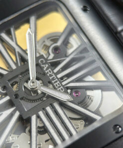 Đồng hồ Cartier Santos Replica 11 màu đen mặt lộ cơ dây da nhà máy MLF 39 (7)