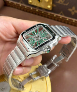 Đồng hồ Cartier Santos nam chế tác mặt lộ cơ cọc số màu xanh lá cây nhà máy MLF 39 (7)