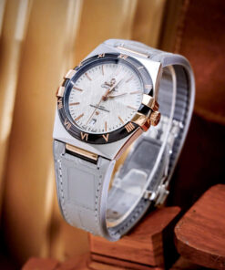 Đồng hồ Omega Constellation nam demi vàng dây cao su xám fake cao cấp 41mm