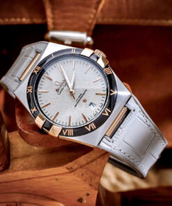 Đồng hồ Omega Constellation nam demi vàng dây cao su xám fake cao cấp 41mm