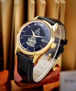Đồng hồ Omega thuyền buồm vàng gold mặt đen máy cơ nhật giá rẻ 40mm