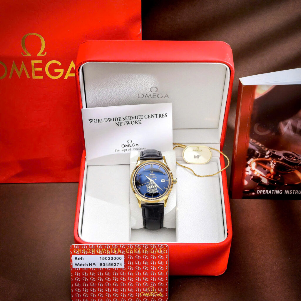 Đồng hồ Omega thuyền buồm vàng gold mặt đen máy cơ nhật giá rẻ 40mm