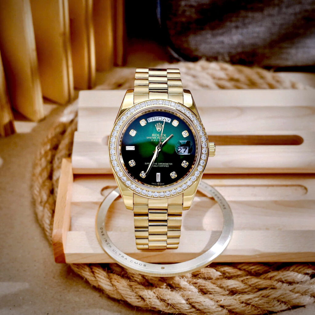 Đồng hồ Rolex Date Date vàng gold nam đính đá máy cơ nhật giá rẻ 40mm