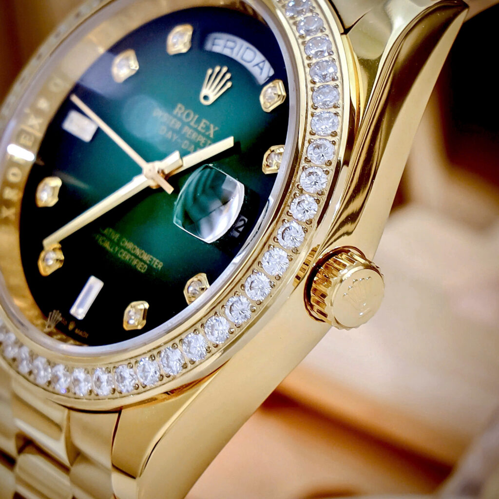 Đồng hồ Rolex Date Date vàng gold nam đính đá máy cơ nhật giá rẻ 40mm